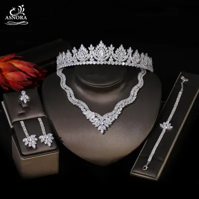 ASNORA Women's Cubic Zirconia Wedding Jewelry Dubai Bridal Jewelry High Quality Headdress Adult Gift Birthday Crown Set