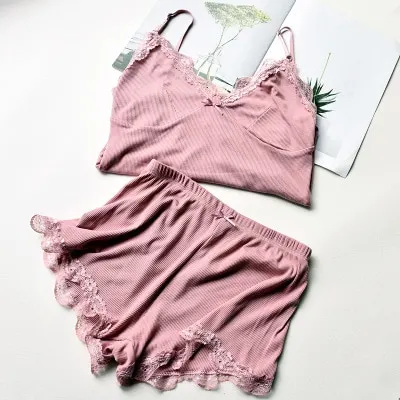Two Piece Cotton Pajama Set Sexy Lace Top And Shorts Pyjamas Spaghetti Strap Sleepwear High Elastic Pijama Nightie Home Clothes