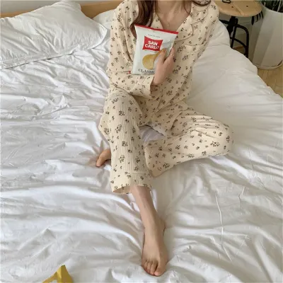 New Autumn Winter Crepe Cotton Two Piece Set Sleepwear Women Pajamas Set High Quality Pants Home Set Floral Print Vintage Y106
