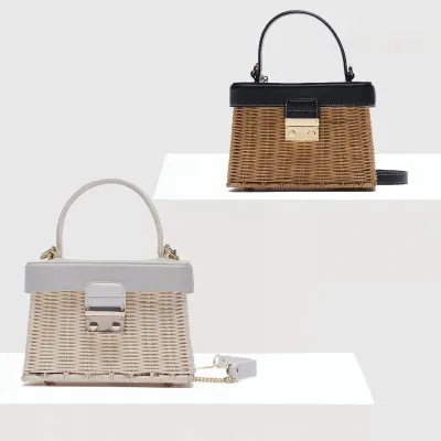 Vintage Woven Rattan Bag Flip Box Hand Held Cross body Bags Casual Straw Shoulder Beach Bag Handbags Handmade Messenger Clutch