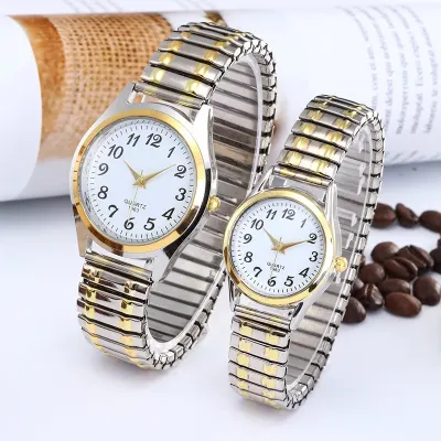 1PCs Fashion Vintage Business Women Men Elastic Gold Sliver Quartz Watch Tide Lovers Couple Party Office Gifts Bracelet Watches