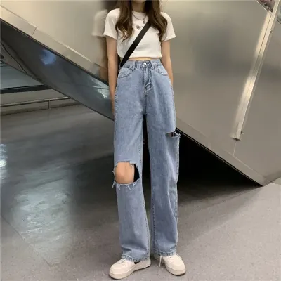 Light Blue Denim Trousers Retro Wide leg pants women s Ripped Trousers High Waist Casual Jeans Women