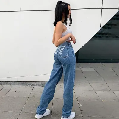 Rockmore Butterfly Print High Waist WomenS Jeans Loose Wide Leg Pants Y2K Mom Boyfriend Denim Capris Straight Trousers Oversize