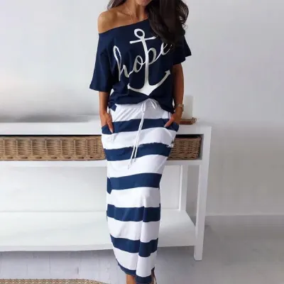 Women Off Shoulder Blouses T shirt Striped Maxi Dress Summer Slim Slash Neck 2 Pieces Sets Female Casual Ankle Length Dress