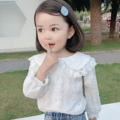 Toddler Girl Fall Boutique Clothes Children White Shirt Baby Lapel Doll Shirt Long Sleeve Girl Western Style Lace Top Blusa