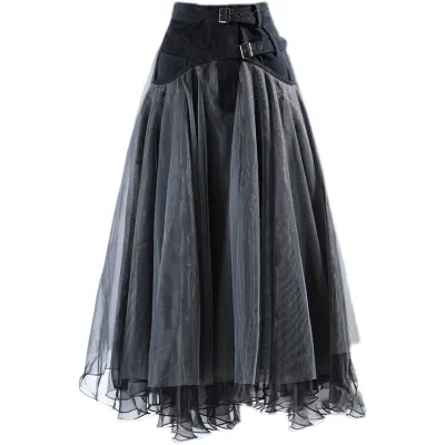 Chic Mesh Patchwork Design Skirt Elegant Temperament High Waist Draped Woman Skirts Spring Summer Fashion Tide Simple Jupe