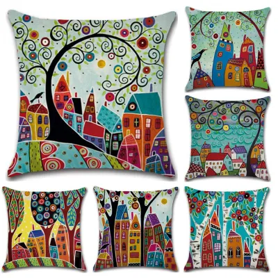 Hand-Painted Retro Rural Color Cities 45*45cm Cushion Cover Linen Throw Pillow Car Home Decoration Decorative Pillowcase