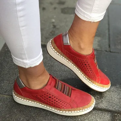 Hollow Out Women,s Shoes Hand-stitched Striped Breathable Elastic Band Casual Flat Suitable for Wide Leg Women,s Sneaker