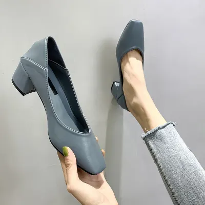 Women Spring Square High Heels Shoe Woman Classic Slip On Casual Ladies Elegant Square Toe Soft PU Fashion Female Pump New