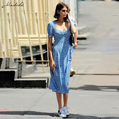 Macheda French Romance Retro Dresses Women Casual Floral Print Square Collar Dresses Ruffles Puff Sleeve Midi Dresses Lady 2019