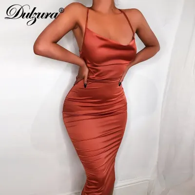 Dulzura neon satin lace up 2020 summer women bodycon long midi dress sleeveless backless elegant party outfits sexy club clothes