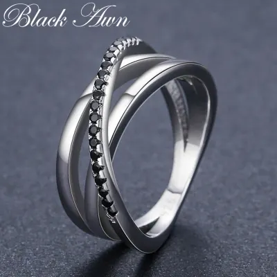 Classic 3.9g 925 Sterling Silver Fine Jewelry Baguet Row Engagement Black Spinel Wedding Rings for Women Bijoux Femme G006