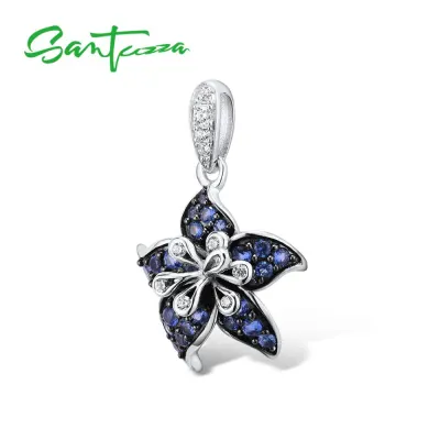 SANTUZZA Silver Pendant For Women 925 Sterling Silver Charming Blue Star Flower Fashion Trendy Gift подвеска кулон Fine Jewelry