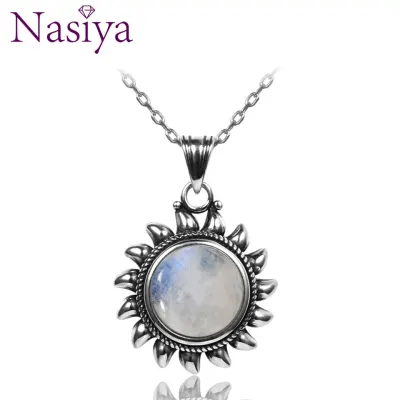 Natural Moonstone 925 silver jewelry Pendants Necklaces For Women Men Sun Geometric Shape Vintage Fashion Woman Pendants Hotsale