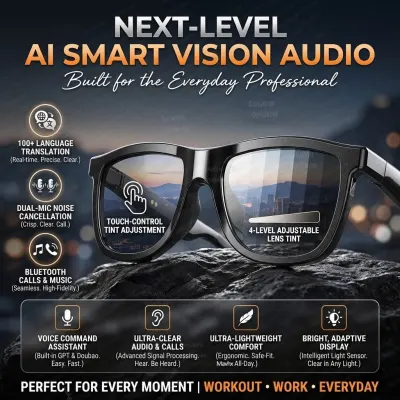 2026 New Business Travel Touch Electrochromic Smart Audio Glasses With AI Translation Call Music Dual-Mic Touch-color Glasses