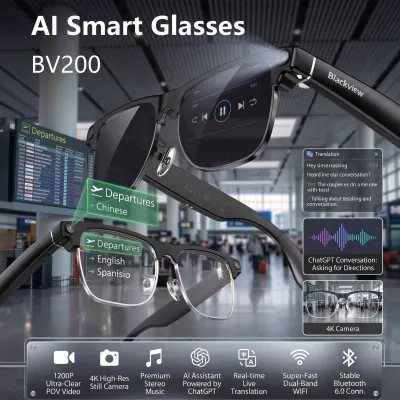 Blackview New BV200 AI Smart glasses 800W Pixels 2K HD camera Bluetooth Call Voice Assistant Translation Stereo Speakers & Microphone