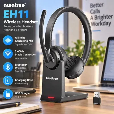 Awatrue Wireless Headset Bluetooth Headset with AI Noise Cancelling Mic & Charging Base 2.4GHz Headphones with USB Dongle