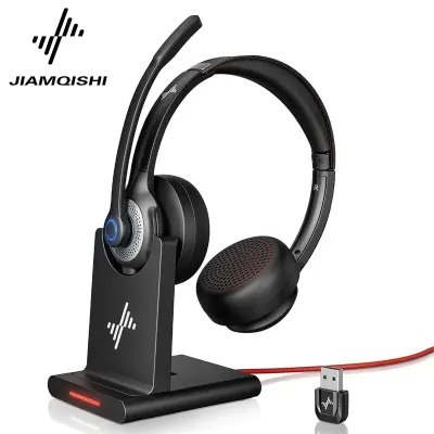 JIAMQISHI EH02P Wireless Headset with AI Noise Cancelling Microphone Headphones Bluetooth V5.2 with USB Dongle, Charging Base