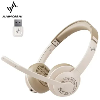 JIAMQISHI Wireless Headset with AI Noise Cancelling Mic Bluetooth V5.2 Headphones with USB Dongle for Call Center Office EH02