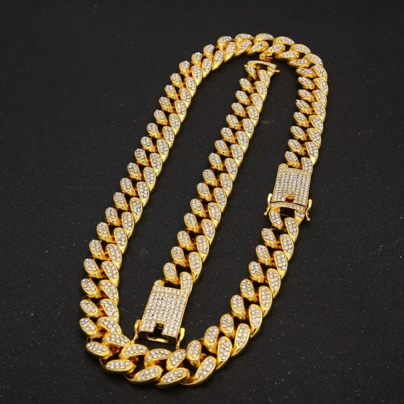 2cm HipHop Gold Color Iced Out Crystal Miami Cuban Chain