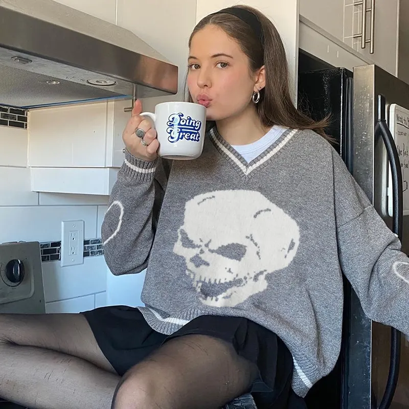 Darlingaga Harajuku Skull Print Loose Autumn Winter Sweater Women Pullovers Casual y2k Knitwear Jumpers 2020 Korean Sweaters New