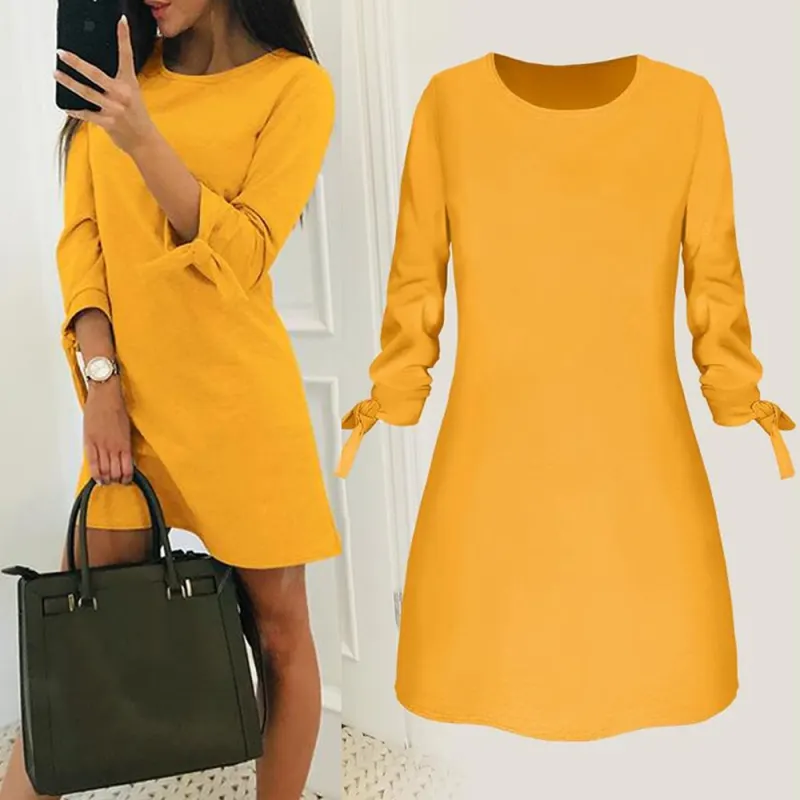 Women's Dress Fashion O neck Solid Bow Long Sleeves Elegant Straight Dress Spring Loose Mini Dresses Vest