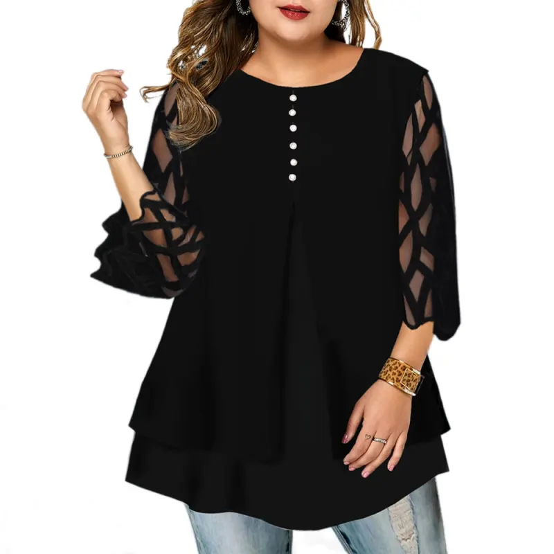 6XL Geometric Translucent Sleeve Plus Size Blouse Casual Button Women's Tops Blouses Ruffled Long Sleeve Shirts Blusas D25
