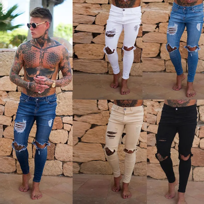 New Hole Jean Men Fashion Skinny Stretch Denim Pencil Pants Distressed Ripped Freyed Biker Slim Fit Jeans Trouser Size 28 36