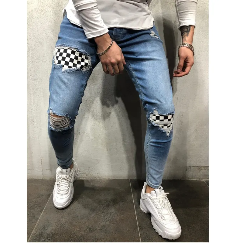 New Fashion Men's Jeans Spliced Ripped Denim pants pencil Jeans Slim Patch Pants Plaid Pants Elastic waistline S 3XL