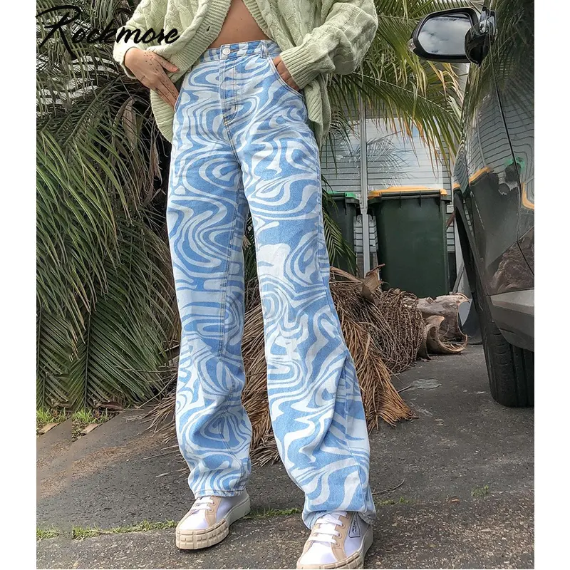 Rockmore Zebra Pattern High Waist Women S Jeans 90s Street wear Trousers Baggy Leg Pants Y2K Mom Boyfriend Pants Denim Capris
