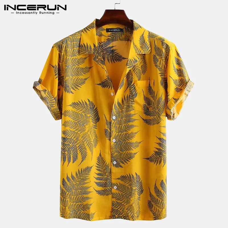 INCERUN Men Short Sleeve Lapel Printed Shirt Tropical Leaf Pattern Floral Shirt Casual Summer Hawaiian Holiday Camisa Tops S 5XL
