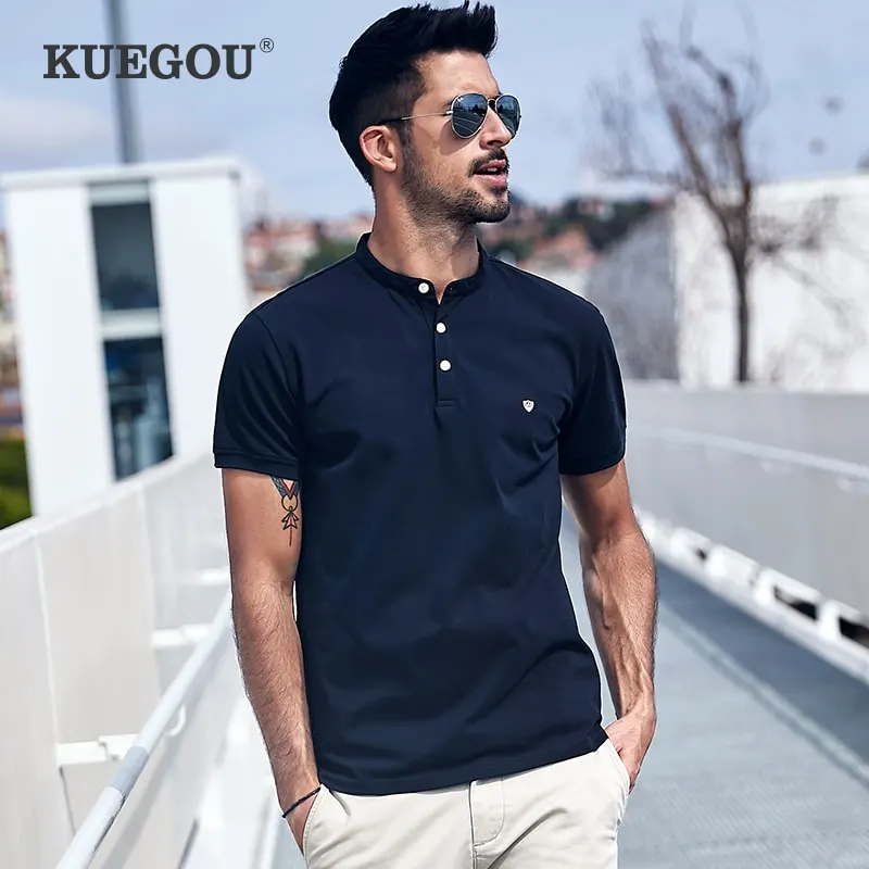 KUEGOU Cotton Clothing Men's Polo Shirts Short Sleeves Fashion Embroidery Polos Summer High Quality Slim Top Plus Size ZT 3383