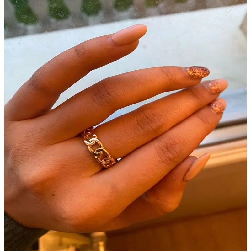 Gold Color Plating Chain Shape RING 7mm Wide For Unisex Vintage Gothic Chunky Midi Ring Antique Jewelry Accessory
