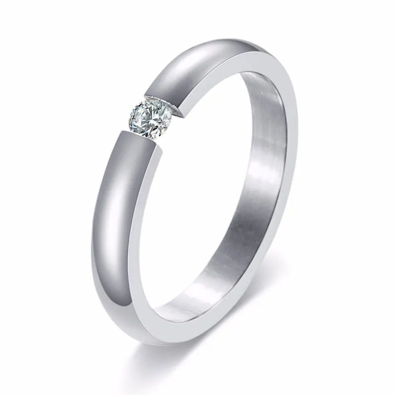 ZORCVENS 3mm Simple High Polished 4 Colors Stainless Steel Cubic Zirconia Stone Engagement Wedding Rings for Woman