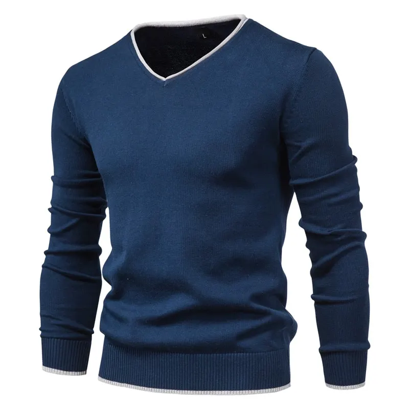New Cotton Pullover V neck Men's Sweater Fashion Solid Color High Quality Winter Slim Sweaters Men Navy Knitwear