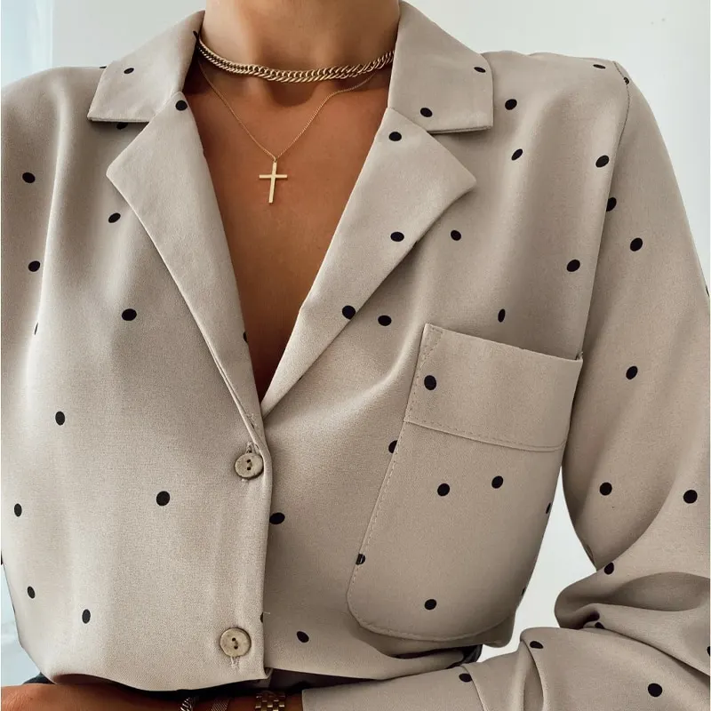Pockets Polka Dot Printed Casual Women Blouse Ladies Long Sleeve Turn Down Collar Office Work Fashion 2020 Autumn Tops
