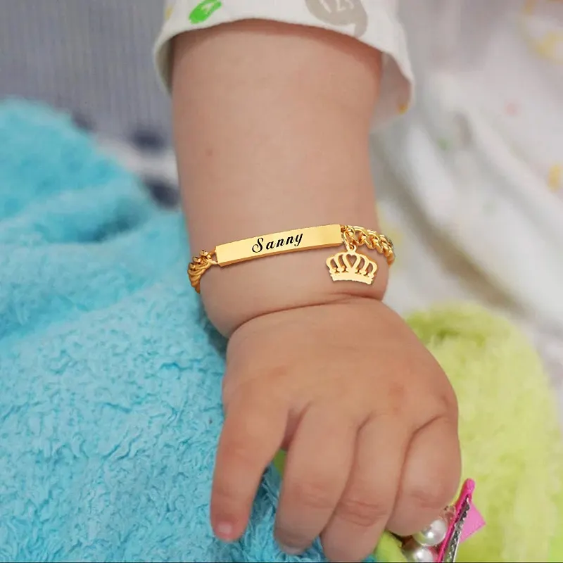Personalize Baby Name Bracelet Figaro Chain Smooth Bangle Link Gold Tone No Fade Safty Jewelry