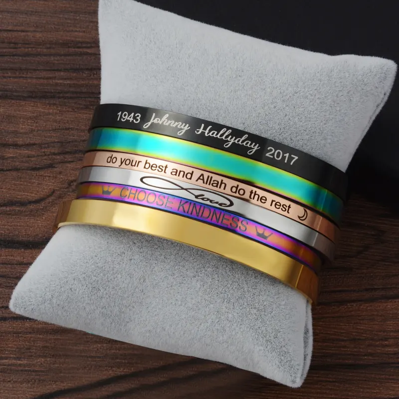 4mm Width Stainless Steel Cuff Bracelet with Hollow Out Heart Custom Stamp Text Symbols Bangle Personalized Gift for Women Men