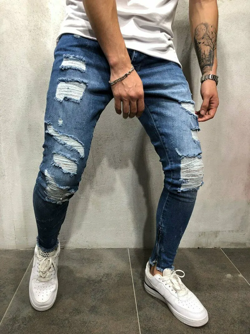 Mens Stylish Denim Stretchy Slim Fit Ripped Skinny Jeans Destroyed Frayed Denim zipper Trousers Pants Jeans jean homme hole