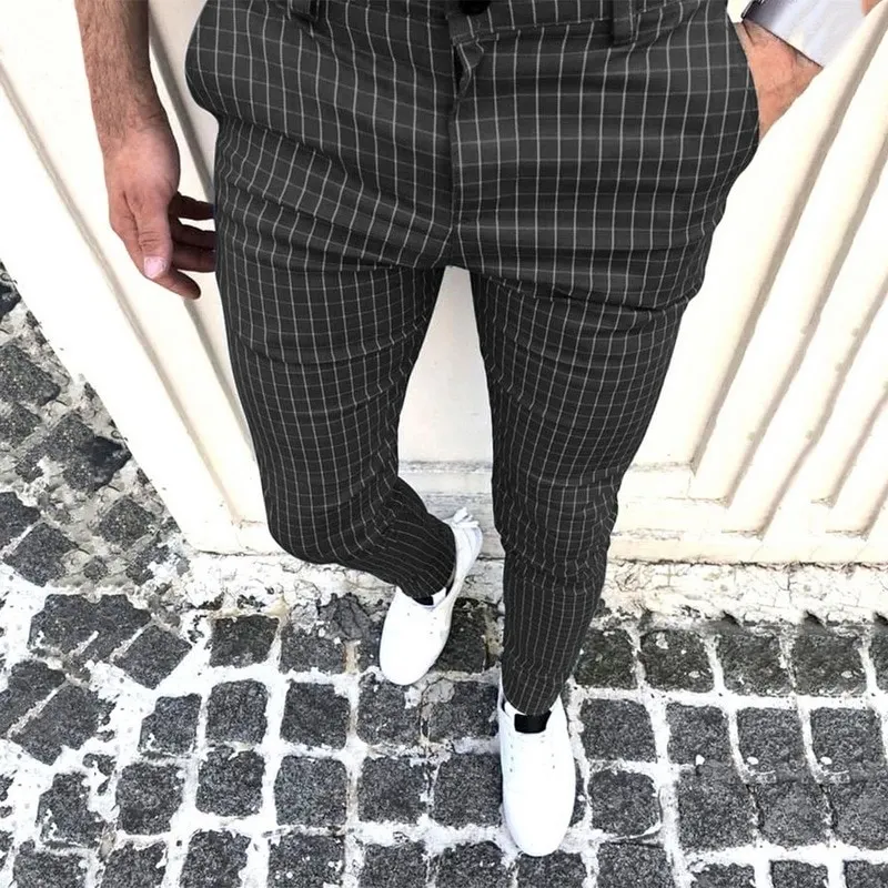Adisputent Men's Plaid Pants Casual Elastic Long Trousers Cotton Solid Color Skinny Work Pant for Male Classic Clothing Jogging