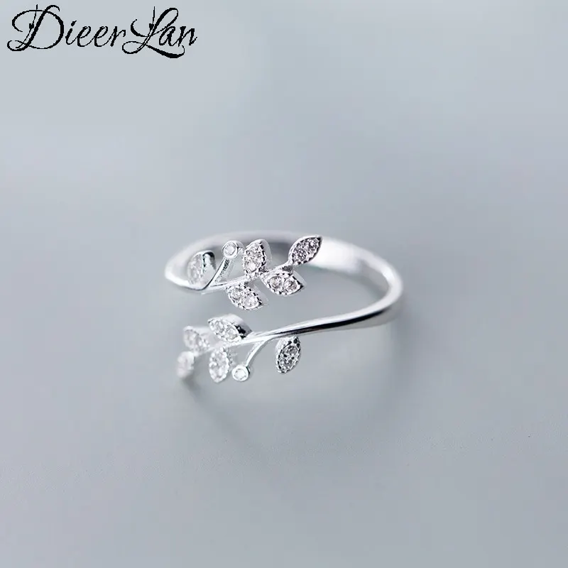 DIEERLAN Personality Silver Color Crystal Leaf Rings For Women Wedding Jewelry Adjustable Antique Finger Ring Anillos