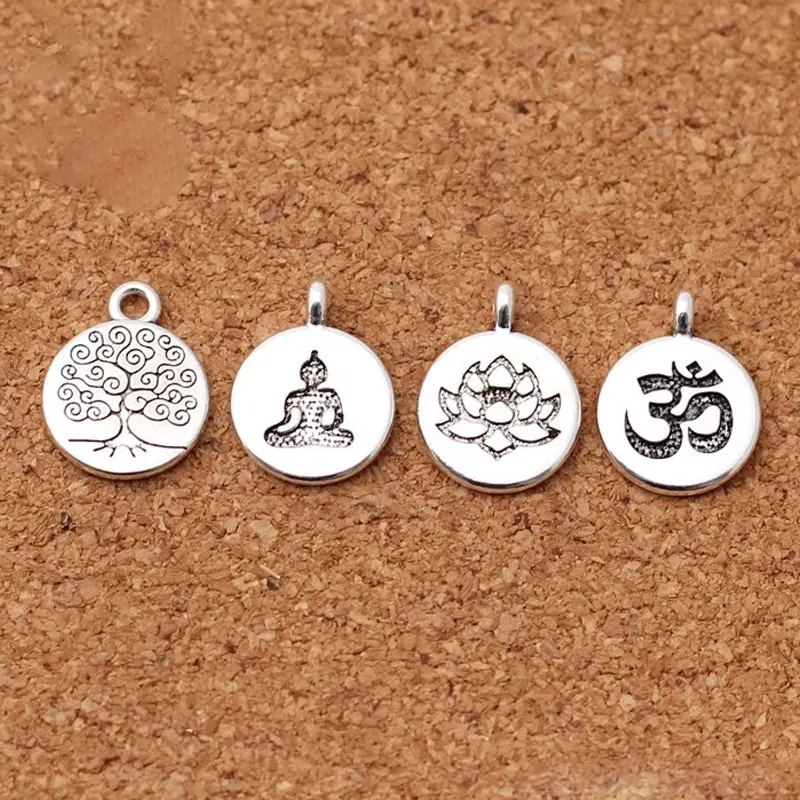 10pcs lot Tibetan Silver Round Tag Lotus Life Tree Buddha Charms 15mm Handmade Metal Pendants DIY Jewelry Making Accessories