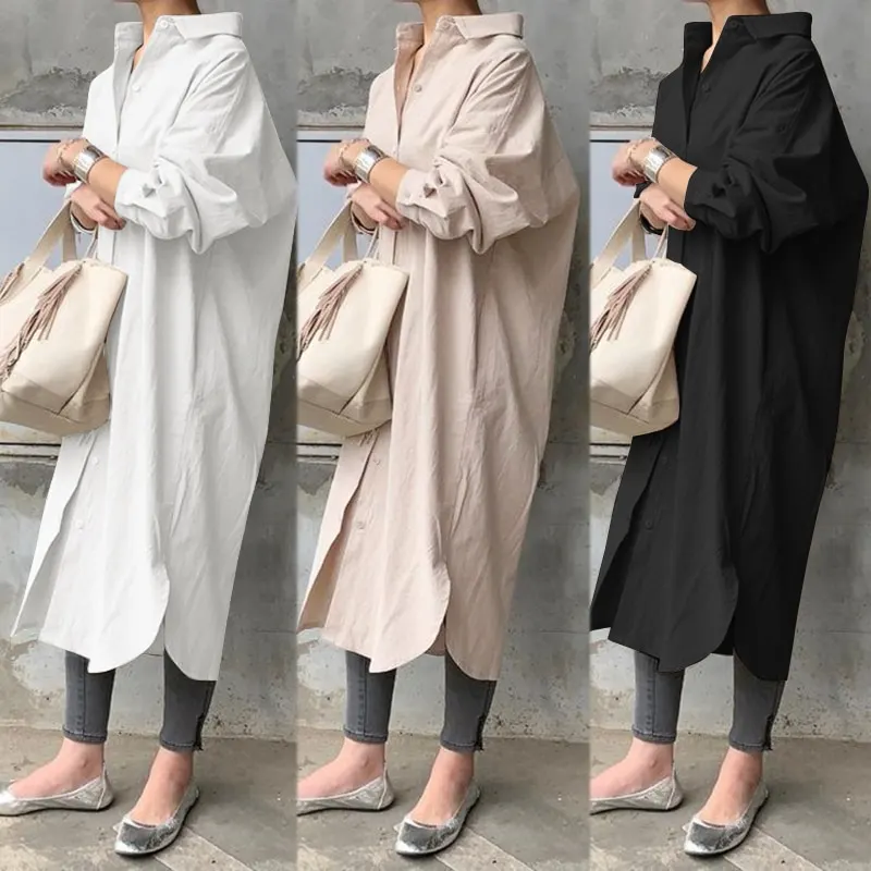 ZANZEA Plus Size Women Summer Sundress Elegant Long Shirt Dress Lapel Neck Long Sleeve Solid Vestido Casual Loose Work Dresses