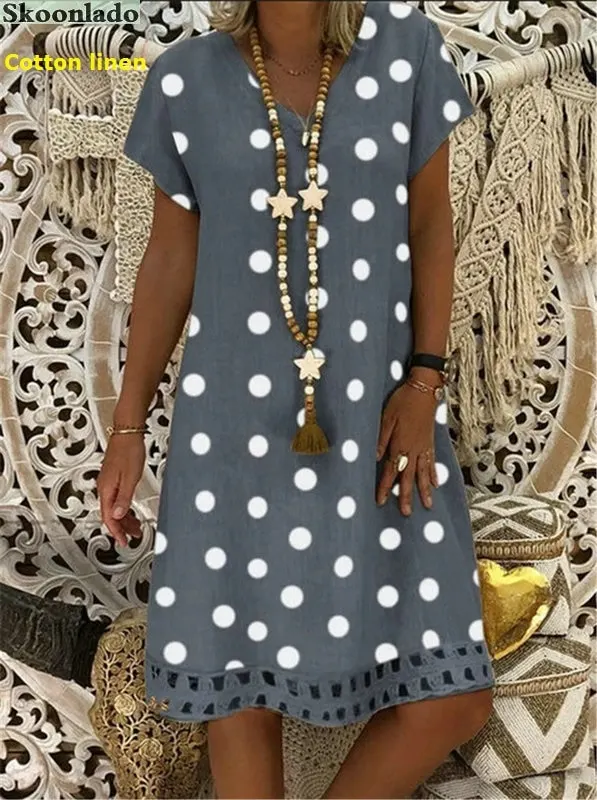 plus size 5xl DOT cotton linen women dresses casual loose lady linen dress summer women linen clothes original brand hot design