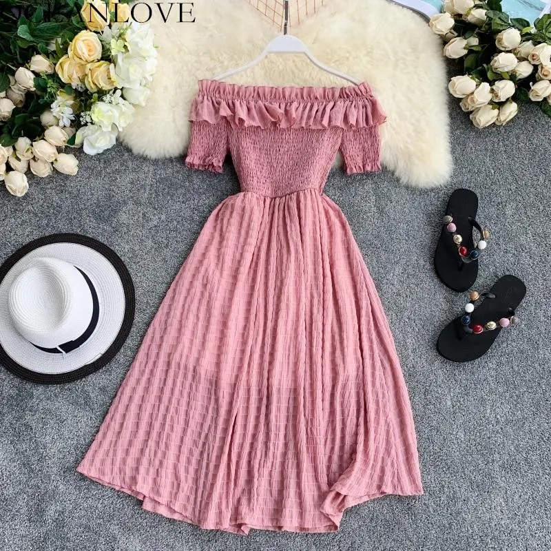 OCEANLOVE Women Summer Dresses Plaid Slash Neck Off Shouder Solid Vestidos 2020 Ruffles A Line High Waist Dress Robe Femme 11767