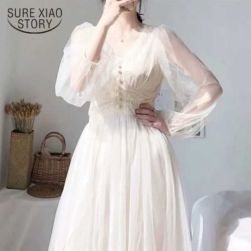 2021 Women Spring Dress Vintage Elegant with Button A Line Dress Solid Puff Sleeve Lace Voile Mesh Dress Women Vestidos 8126