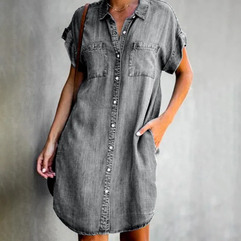 Summer Dress Women Short Sleeve Pockets Single breasted Irregular Hem Knee length Denim Dress Loose Style vestidos