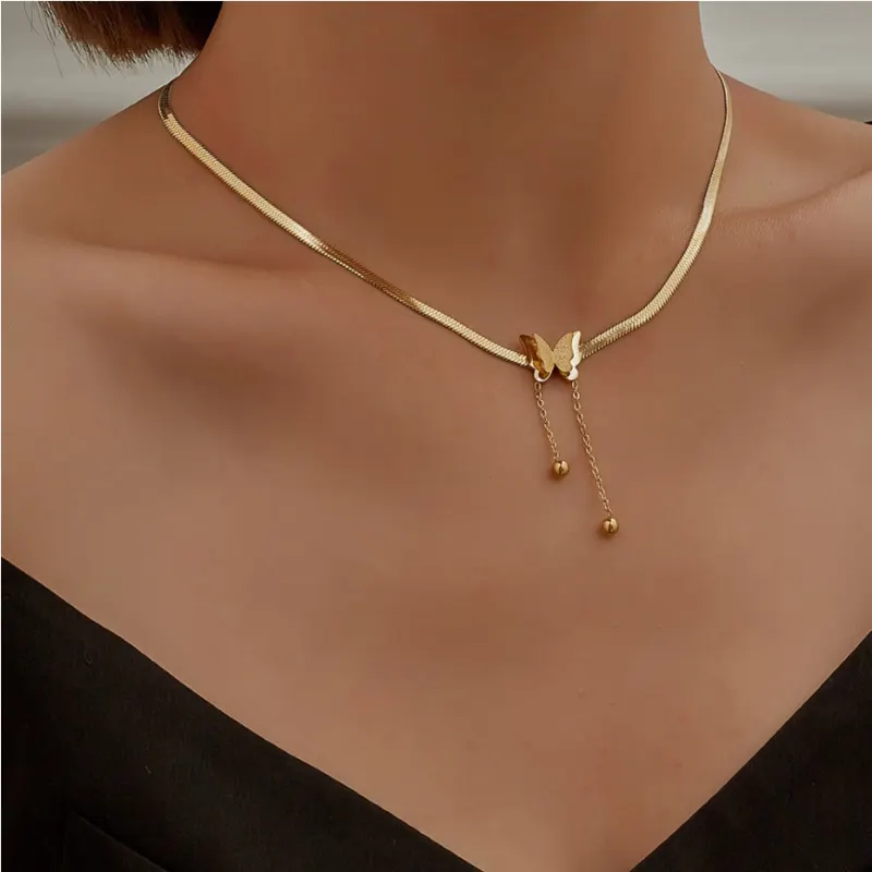 316L Stainless Steel Fashion Upscale Jewelry Matte 2 layer Butterfly Choker Charms Snake Bone Chain Necklaces Pendants For Women