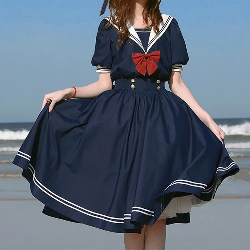 Hara juku Sailor Collar Navy Dress Japanese Lolita Sweet Bow knot Girl Retro Cotton Kawaii Preppy Style Short Sleeve Dress Women