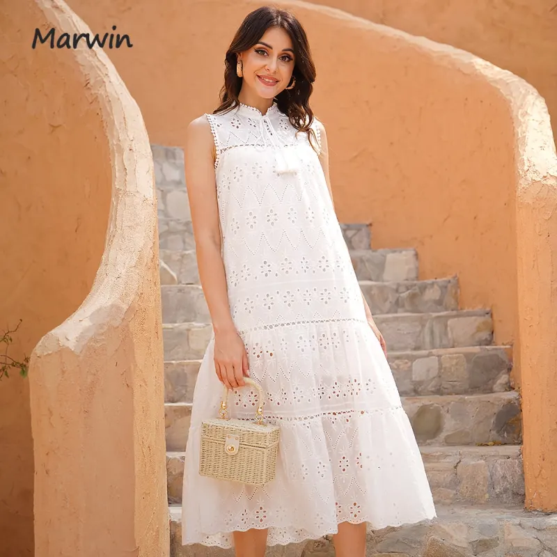 Marwin Long Simple Casual Solid Hollow Out Pure Cotton Holiday Style High Waist Fashion Mid Calf Summer Dresses NEW Vestidos